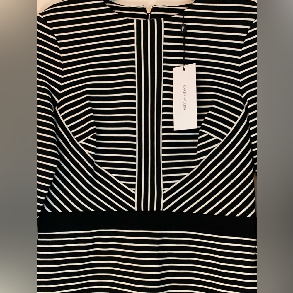 Karen Millen Black and White Stripe Knit 3/4 Sleeves Back Zip Dress NWT SZ 10! - Picture 4 of 9
